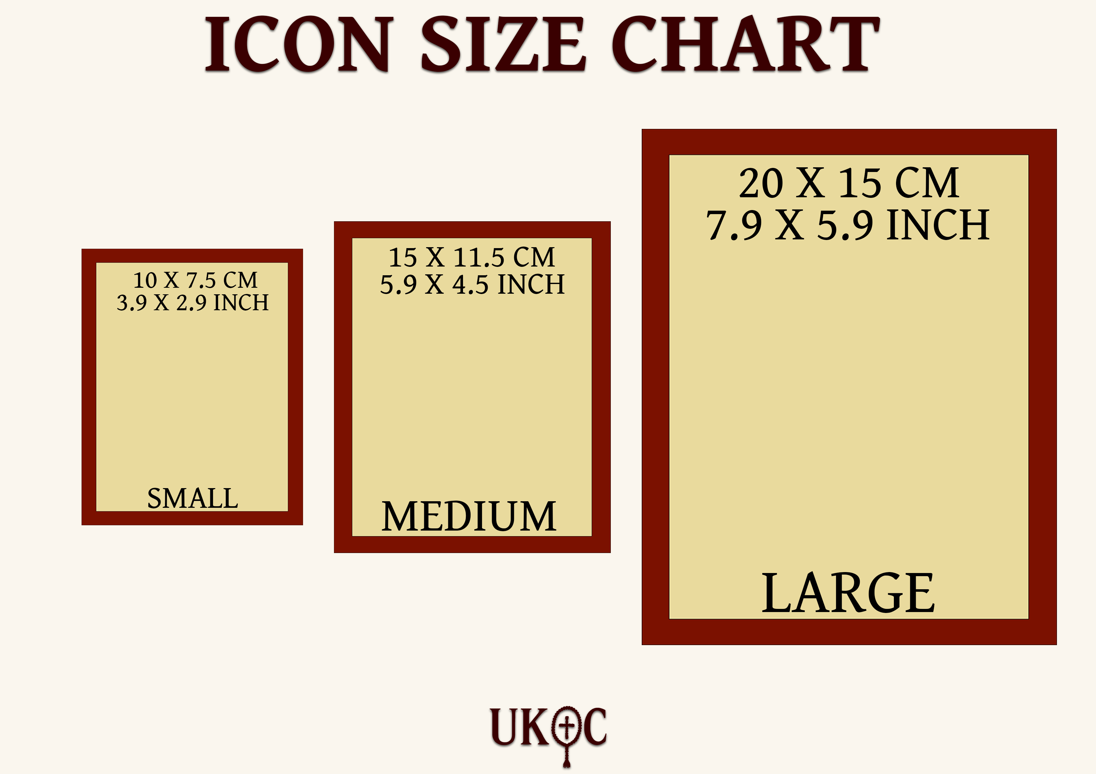 Small 10 by 7.5 centimetres, medium 15 by 11.5 centimetres, and large 20 by 15 centimetres